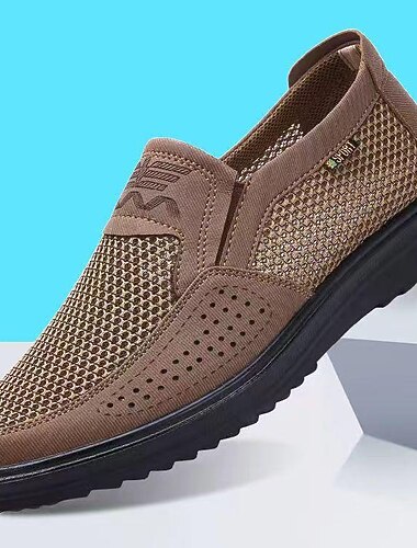  calçados masculinos de caminhada slip-on em malha marrom com cabedal respirável e sola acolchoada, mocassins casuais leves para viagens de verão, direção e uso diário