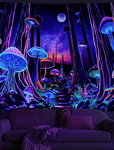  Tapisserie murale fantaisie champignon lumière noire réactive aux UV phosphorescente fête paysage nature brumeuse trippante tapisserie murale art mural pour salon chambre