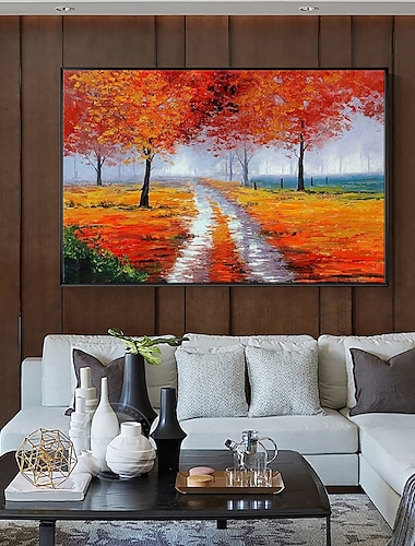  Handgefertigtes Ölgemälde auf Leinwand, Wandkunst, Dekoration, moderne Herbstlandschaft, goldene Straße für Heimdekoration, gerolltes, rahmenloses, ungedehntes Gemälde