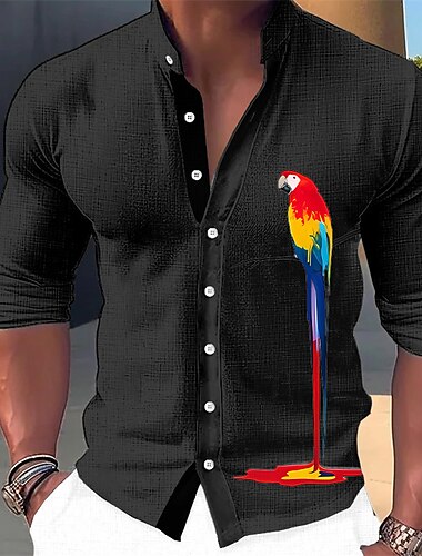  Herren Papagei Hemd Knopfhemd Langarm Modisch Strassenmode Designer Outdoor Casual Täglich Sommer Frühling Herbst Ständer Bedruckt Schwarz Weiß Blau Grün Khaki
