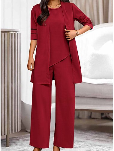  Loungewear-Sets für Damen, 3-teilig, reine Farbe, modisch, lässig, bequem, für jeden Tag, Date, atmungsaktiv, Rundhalsausschnitt, lange Ärmel, Hosentasche, Sommer, Frühling