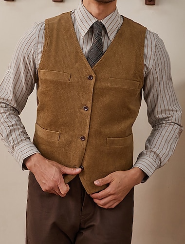  Chalecos de negocios informales para hombre, chaleco ligero de color sólido, corte a medida, cuello en v, botonadura única, cuatro botones, marrón, 2024
