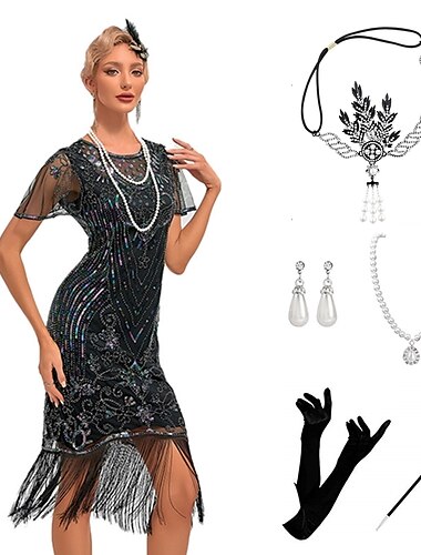  Řvoucí 20s Retro Velký Gatsby Krátká délka Úbory Kostým na Večírek Maškarní Iluze Velký Gatsby Svatební host Flitry Třásně Flitry Třásně Kulatý Dámské předvečer Všech svatých Karneval Plesov