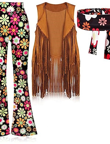  Rétro Vintage Années 60 Hippie Années 70 Pantalon Bandeau Gilet en daim Déguisements des années 70 pour femmes Tenues des années 70 Bandeaux Hippie Femme Géométrique Halloween Carnaval Mascarade