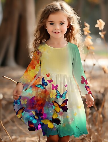  Mädchen' 3D Graphic Schmetterling Kleid Langarm 3D-Druck Sommer Frühling Herbst Urlaub Sport & Natur Täglich Kuschelig Brautkleider schlicht Schön kinderkleidung 3-12 Jahre Casual kleid A Linie Kleid