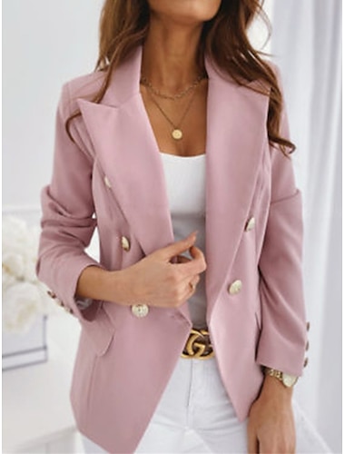 Women's Blazer Office Formal Button Pink Fall Windproof Streetwear Double Breasted Lapel Outerwear Long Sleeve Summer Black S