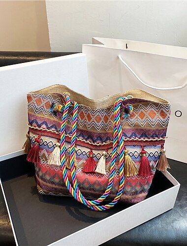  sac fourre-tout en toile brodée bohème – sac à main à bandoulière à pompon coloré pour femme, sac de voyage de plage décontracté