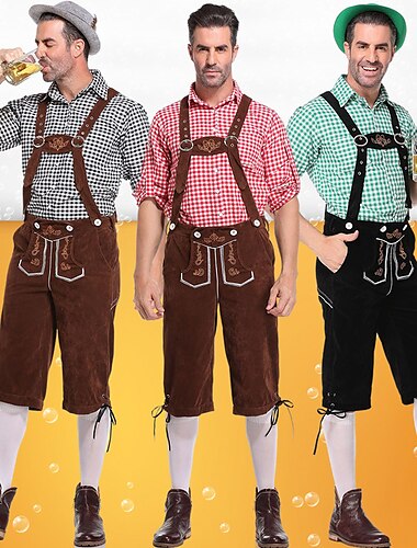  Oktoberfest Costume Lederhosen Chemise Chapeau alpin Bavarois Bavarois Allemand Munich Prairies Homme Tissu de style traditionnel Chemisier Shorts Chapeau