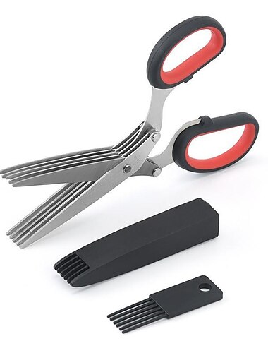  Tijeras de cocina para ensalada de 5 hojas: un utensilio de cocina genial para cortar hierbas frescas de jardín. Tijeras cortadoras de hierbas con 5 hojas y funda, afiladas y de acero inoxidable antioxidante, aptas para lavavajillas.