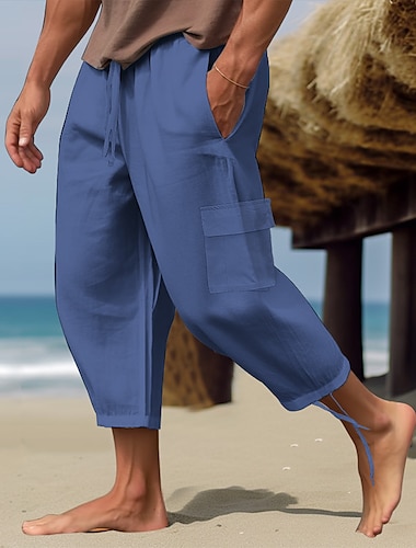  Herren Cargohose Cargohosen Leinenhose Sommerhosen Strandhose Kordelzug Elastische Taille Glatt Komfort Atmungsaktiv Casual Täglich Festtage Modisch Klassicher Stil Schwarz Weiß