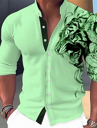  Voor heren dier Tijger Overhemd Overhemd met knopen Lange mouw Modieus Streetwear Ontwerper Casual Dagelijks Buiten Zomer Lente Herfst Opstaand Afdrukken blauw Wit Blozend Roze Groen Khaki