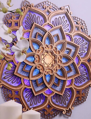  Mandala-Nachtlicht aus Holz, dekorative Lampe, Yoga-Raum, LED-Nachtlicht, mehrschichtig, lasergeschnitten, geschnitztes Licht, Wanddekoration für Zuhause, Wohnzimmer, Schlafzimmer, Ornament, 1 Stück
