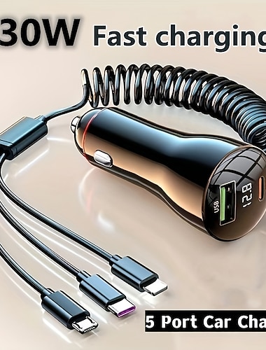  адаптер для автомобильного зарядного устройства для быстрого телефона usb c 5-портовая зарядка 230 Вт с кабелем 3 в 1 для iphone 14 pro max 13 12 samsung galaxy s23/22 google pixel