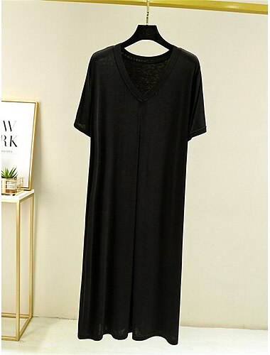  Damen-Schlafanzug, Nachthemd, Nachthemdkleid, reine Farbe, schlicht, lässig, weich, für zu Hause, tägliches Bett, modal, atmungsaktiv, V-Draht, kurze Ärmel, Sommer-/Herbst-Home-Outfits