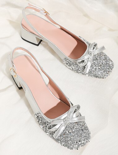  Glitzernde Slingback-Pumps mit Blockabsatz und Schleife für Damen – funkelnde Hochzeits-Partyschuhe in Silber und Gold