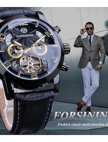  FORSINING Herren Mechanische Uhr Luxus Große Ziffernblatt Mode Business Kalender Datum Woche Leder Uhr
