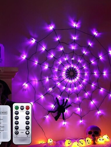  Spinnennetz-Lichtdekoration, Schlafzimmer, Party, Schlafzimmer, Garten, Hof, Bar, Spukhaus, Halloween-Dekoration, Lichterkette für drinnen und draußen (ohne Batterie)