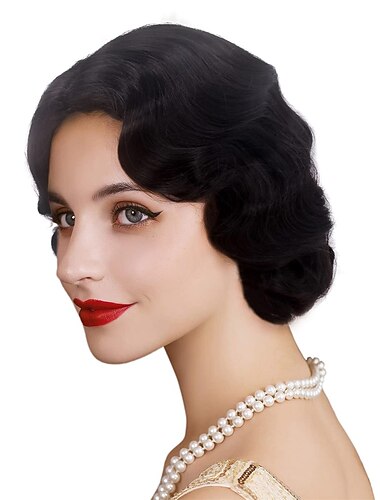  Lang 1920-talls parykk fingerbølger parykk krøllete kort parykk vintage parykker kvinner dame syntetisk varmebestandig full parykk cosplay kostyme festdrakt med parykk hette Halloween-parykker