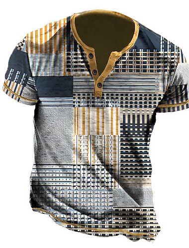  Hombre Graphic Raya Henley Shirt Manga Corta Impresión 3D Moda Design Cómodo Exterior Diario Verano Azul Marrón Verde Trébol Henley Camiseta Henley