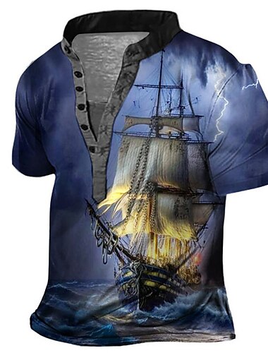  Herren Grafik Schiff Henley Hemd Kurzarm 3D-Druck Mode Lässig Bequem Outdoor Täglich Ausgehen Sommer Dunkel Braun Rosa Rote Marineblau Blau Henley Henley T-Shirt