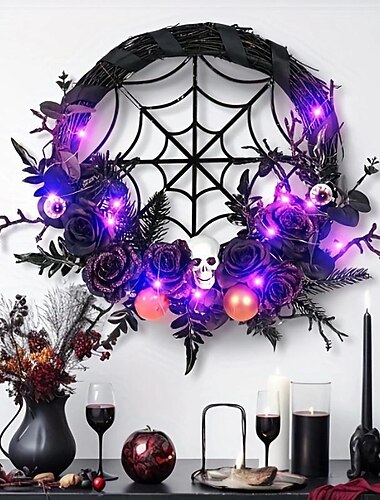  halloween krans hangende decoratie voor de deur spookfestival skelet pompoen esdoornblad zwarte krans met verlichting