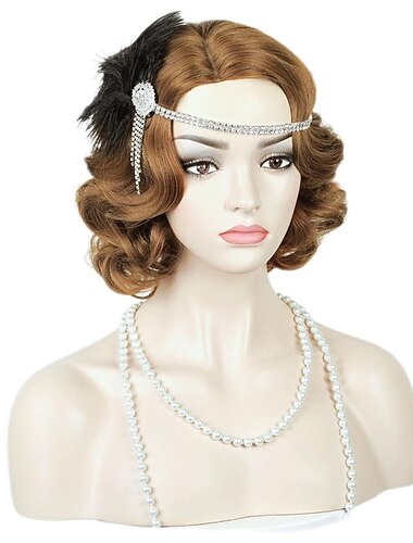  1920年代フラッパーウェーブウィッグ ヘッドバンド付き フィンガーウェーブヴィンテージウィッグ 20年代カールウェーブウィッグ ダーティーブロンド コスプレ衣装用ウィッグ ハロウィンウィッグ
