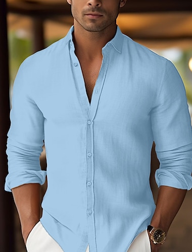  Herren Hemd leinenhemd Sommerhemd Strandbekleidung Knopfhemd Glatt Urlaub Curise Weiß Rosa Blau Orange Langarm Kargen Frühling Sommer Bekleidung