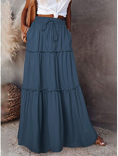  Damen Lose Rock Maxi Hoher Taillenbund Röcke Rüschen Rüsche Kordelzug Einfarbig Strasse Täglich Sommer Polyester Baumwolle und Leinen Modisch Brautkleider schlicht Violett Schwarz Gelb Rote