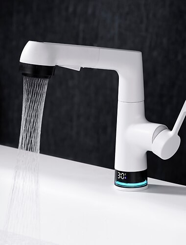  Badezimmer-Wasserhahn, LCD-Digitalanzeige, Waschbecken-Mischbatterie, Waschtischarmaturen mit herausziehbarer Brause, anhebbarer Auslaufkopf mit einem Griff und 3 Modi, Messing-Waschtischarmatur für den Waschraum