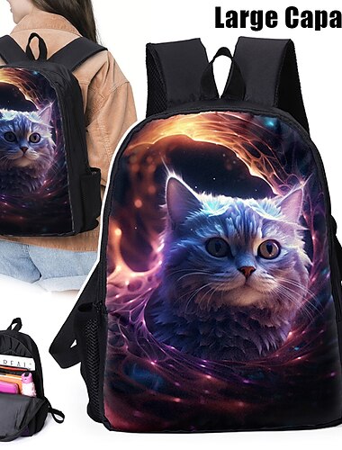  Σακίδιο πλάτης Galaxy Cat μεγάλης χωρητικότητας με θύρα USB – σχολική τσάντα Cosmic 3D με θήκη για φορητό υπολογιστή για γυμνάσιο ή ταξίδια