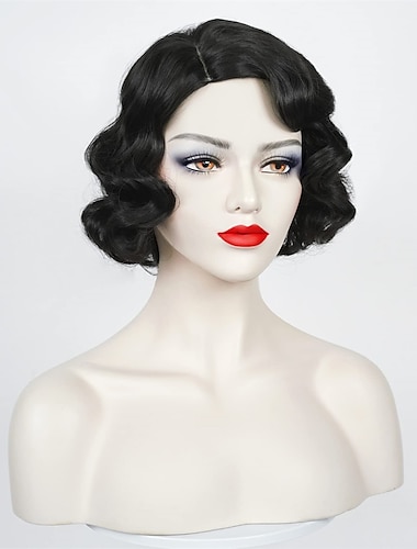  Wave peluca mujer negro 1920s vintage flapper peluca dama rockabilly corto rizado peluca fiesta de halloween cosplay disfraz pelo sintético