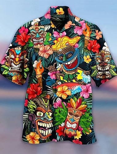  Conjunto de camisa para hombre, tops con botones, manga corta, dibujos animados callejeros al aire libre, moda arcoíris, hawaiano, cómodo, playa/verano/verano