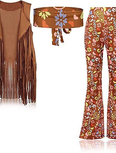  Retro / vintage 1960erne Hippie Bukser Pannebånd Semsket vest Pannebånd Ermeløs Hippie Geometrisk Dame Halloween Karneval Maskerade Fest / aften Pride-parade Pride måned Voksne Vest Bukser Pannebånd