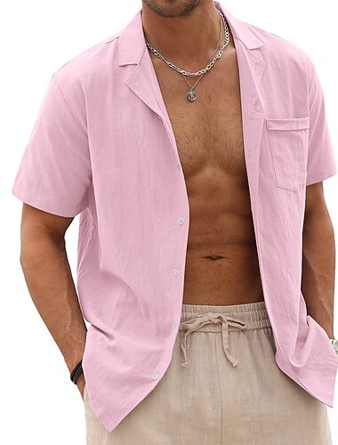  Pánské plátěná košile Letní košile Plážová košile Košile na knoflíky Bez vzoru Dovolená Havajské Černá Bílá Světlá růžová Vodní modrá Krátký rukáv Klopa Jaro léto Oblečení Základní