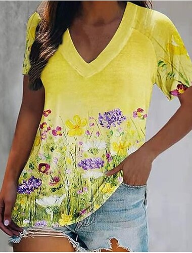  Damen T-Shirt Basic Print Kurzarm Normal Oberteile V-Ausschnitt Alltag Wochenende Gelb Hellgrün Rot Grün