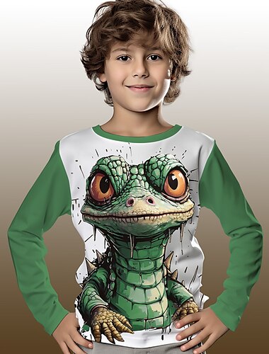  Drenge 3D Grafisk Tegneserie Krokodille T-shirt Langærmet 3D-udskrivning Sommer Forår Efterår Sport Mode Gade Børn 3-12 år udendørs Afslappet Daglig Regulær