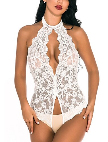  Sexy Bodies für Damen in Übergröße, Bodysuits, Teddys&amp;Bodysuits reine Farbe Liebhaber heiß durchsichtig Home Valentinstag Bett Spandex Spitze atmungsaktiv Neckholder ärmellos rückenfrei Home