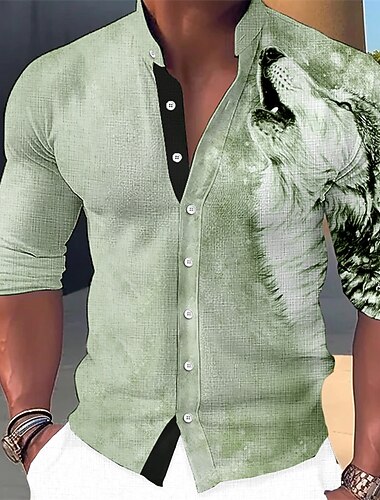  Voor heren dier Wolf Overhemd Overhemd met knopen Lange mouw Modieus Streetwear Ontwerper Casual Dagelijks Buiten Zomer Lente Herfst Opstaand Afdrukken blauw Paars Groen Khaki Grijs
