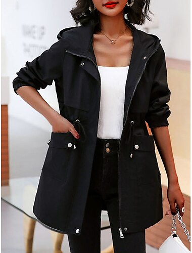  Damen Trenchcoat Outdoor Zip Glatt Atmungsaktiv Strassenmode Regular Fit Oberbekleidung Langarm Sommer Schwarz M