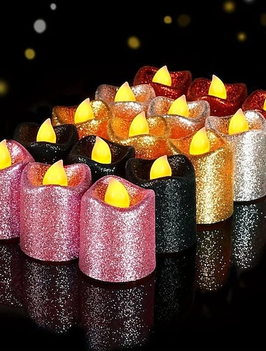  12 piezas de velas sin llama parpadeantes, velas votivas con brillo brillante, luces de té led, decoración para fiestas navideñas, bodas, fiestas de mesa al aire libre, festivales