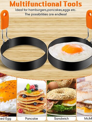 anillo de huevo juego de anillos de panqueque anillo de huevo frito de acero inoxidable formadores de panqueques con mango de silicona naranja para sándwich de tortilla de desayuno