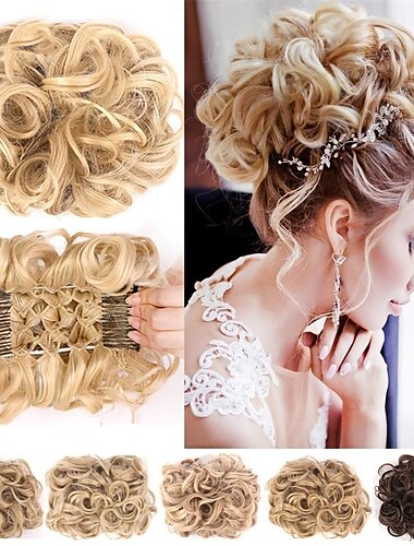  Aspecto de moño desordenado sin esfuerzo: extensiones de cabello sintético de aspecto natural con clips de peine