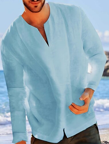  Hombre Camisa camisa de lino Camisa de verano Camisa de playa Bleu Ciel Negro Blanco Amarillo Manga Larga Color sólido Cuello Verano Primavera Calle Hawaiano Ropa