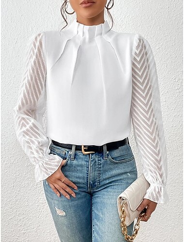  Damen Hemd Bluse Alltag Basic Mesh Langarm Normal Oberteile Rollkragen Stehkragen Casual Schwarz Weiß Rosa Marineblau Beige Herbst&amp; Winter