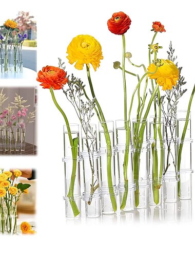  Vase à fleurs à charnière, ensemble de vases à fleurs pliables, vase à fleurs pliable avec design à charnière, tube à essai en verre cristal de forme variable avec 6/8 tubes à essai et crochets en forme de S