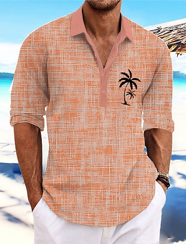  Herren Kokosnussbaum Tropische Pflanzen Hemd Hawaiihemd Sommerhemd Aloha-Shirt Langarm Hemd Ständer Modisch Strassenmode Designer Outdoor Strasse Casual Rosa Blau Grün S M L
