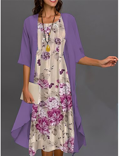  Kvinnegradsdrakt Midi Dress To Delt Kjole Set Uformell Kjole Print Kjole Elegant Motetrend Ombre Blomsterprint 3/4 Lengde Erme Crew Neck Utendørs Daglig Rosa Mørk Rosa Blå Sommer Vår