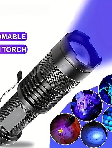  Linterna ultravioleta con zoom y clip: linterna impermeable con luz negra roja, azul, verde y violeta para detección de fluorescencia y acampada