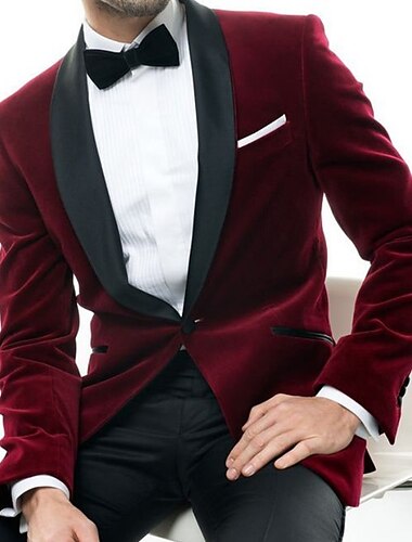  Fluwelen feest-casual blazer voor heren, normale pasvorm, effen enkele rij knopen, één knoop, bordeauxrood 2024