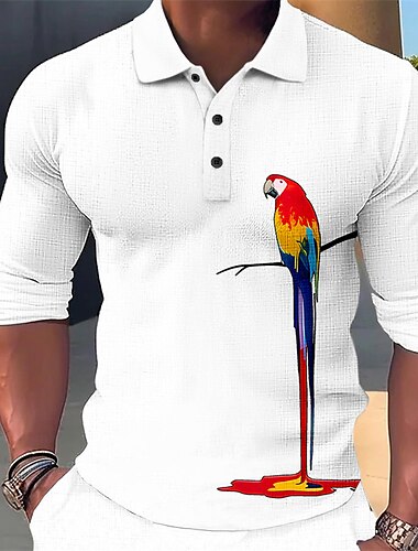  Férfi Papagáj Hawaii pólóingek Golfing Hosszú ujj Pólóingek Galléros ingek Alkalmi Vicces Strandruházat Nyaralási viselet Party ruhák Gombok 3D nyomtatás Fekete Fehér Medence